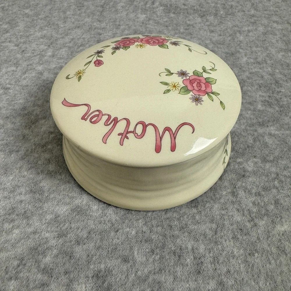 Vintage Porcelain Mother Trinket Box Japan Cream Pink Green with Gilded Gold Bow